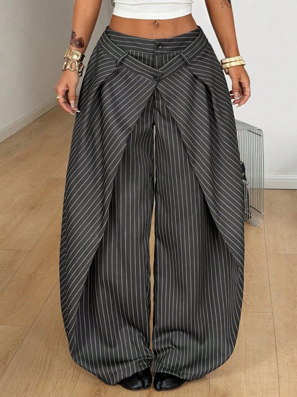 Grey Casual Women's Striped Baggy Wide Leg Curved Hem Office Pants - Picture 4 of 7